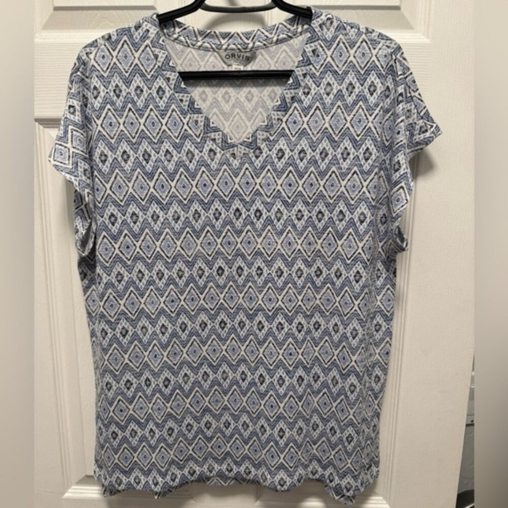 ORVIS Women’s Blue White Geometric Short Sleeve Shirt Top Size Small